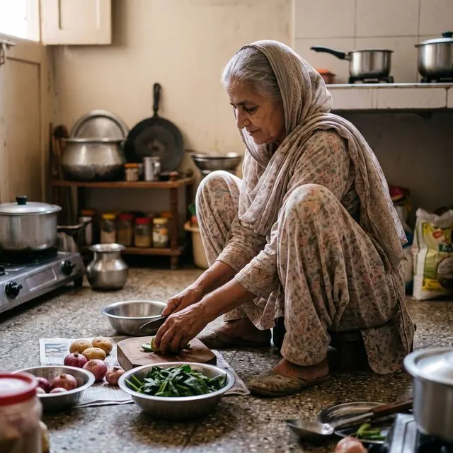 Elderly woman squatting on the kitchen floor cutting vegetables