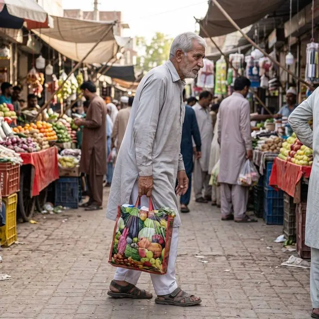 Elderly man carrying a shopping bag at the market