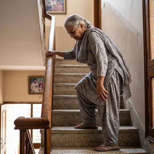 Elderly woman climbing stairs with a hand on her knee