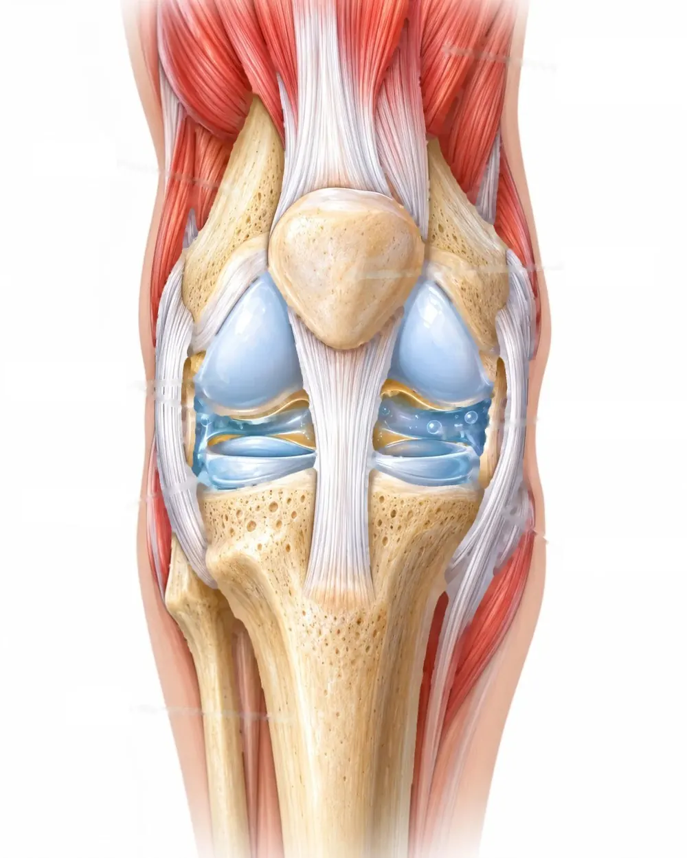 Front view of the knee showing bones, cartilage, meniscus, ligaments and muscles