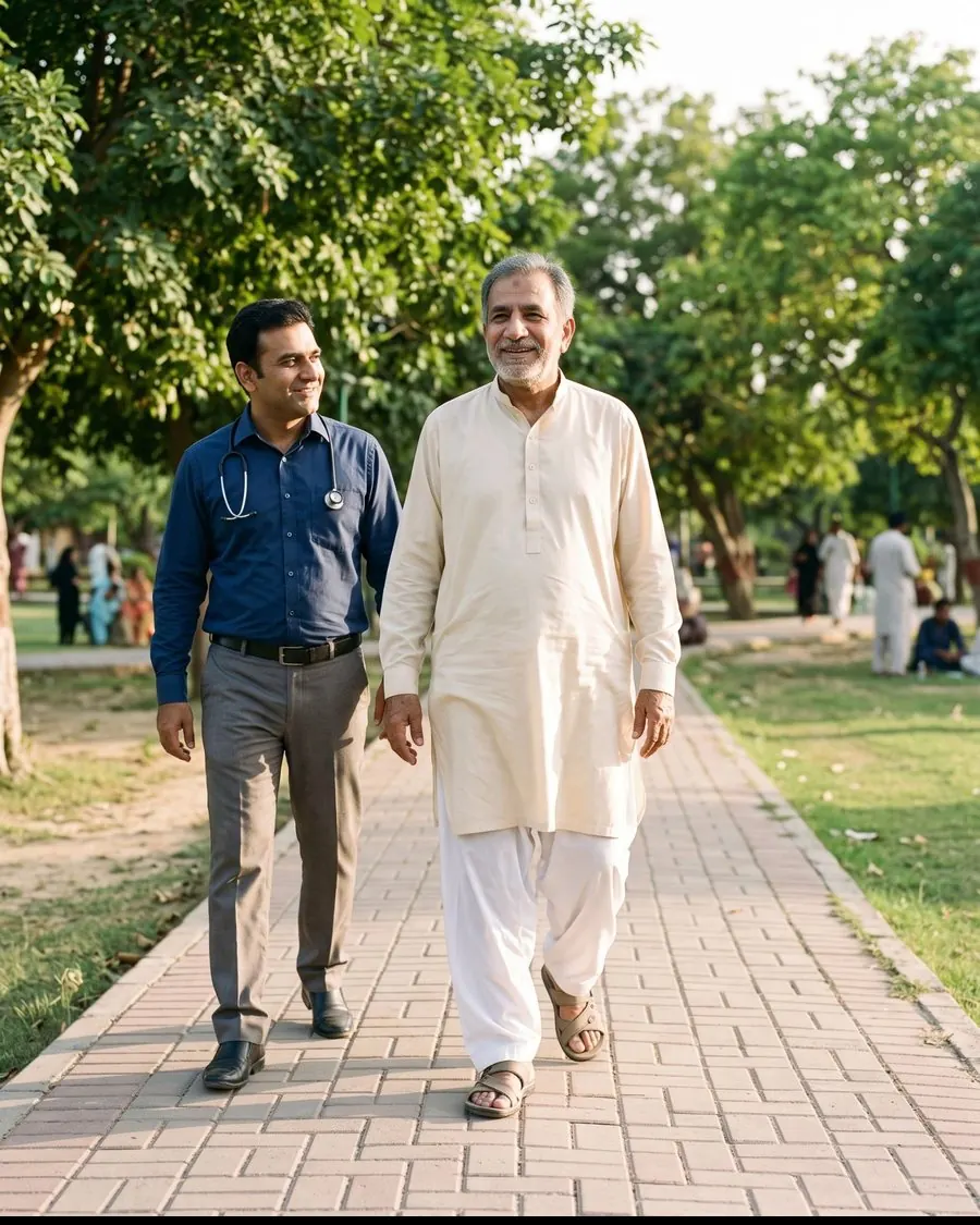 The same man walking happily in a park with his doctor