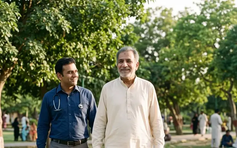 ایک بزرگ اپنے ڈاکٹر کے ساتھ پارک میں آرام سے چلتے ہوئے